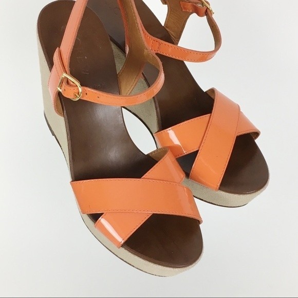 JCREW J CREW Size 7 Orange Patent Leather Strappy Wedges Platform Heels Sandals - Picture 3 of 9
